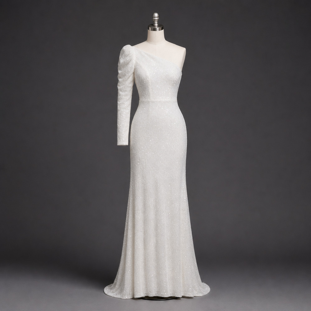 🤍 NWT Mac Duggal White Sequined One-Shoulder Trumpet Gown - Size 10